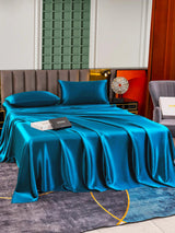 [Teal] Teal 25 momme mulberry silk sheet set with matching pillowcases on bed 002