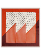 [P034] Printed mulberry silk square scarf with orange geometric and crescent pattern 002