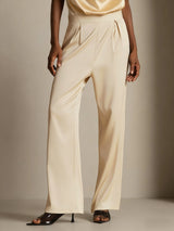 [Champagne] Beige silk high-waist wide-leg pleated pants with elegant drape 006