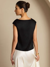 [Black] Back view of a black silk cap sleeve cowl neck top with relaxed fit 003