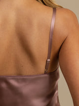 [Pale Mauve] Back view of mauve mulberry silk spaghetti strap short nightgown with adjustable straps 006