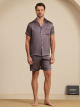 [Purple Gray] Man wearing dark blue 100% mulberry silk short sleeve notch collar pajama set with shorts 003