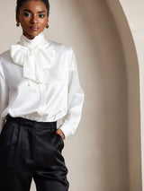 [White] SilkSilky  Long Sleeve Tie Neck Women's Blouse 006
