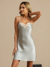 [Light Blue] SilkSilky  Spaghetti Strap V Neck Nightgown 005
