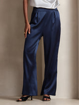 [Dark Blue] Navy silk high waist wide leg pleated pants with smooth drape 001