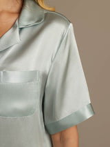 [Light Blue] Light green mulberry silk short-sleeve pajama shirt with notched collar and chest pocket 008