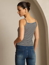Black and white striped silk camisole top with spaghetti straps, back view