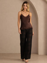[Brown] Brown lace-trim camisole in a full front view, with both arms down and feet set close. 006