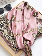 [P014] Pink printed mulberry silk square scarf with chain and leopard pattern, 88x88cm 002