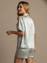 [Light Blue] Women's 100% mulberry silk short sleeve pajama set in light sage 002