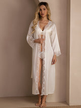 [White] White lace-trim long robe over matching bra and briefs, full-length front view, both hands holding the lapels. 007
