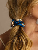 [Navy Dragon] Blue and cream mulberry silk hair scrunchie securing blonde hair 007