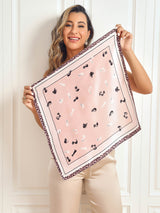 [P032] Pink printed mulberry silk square scarf with leopard border and cat motifs 005