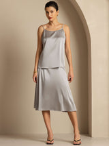 [Griffin Gray] Model wearing light gray silk spaghetti strap camisole with matching midi skirt 003