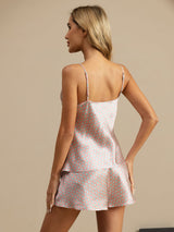 [Pink Heart Geo] Back view of women’s mulberry silk geometric print camisole set with spaghetti straps 002