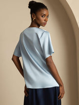 [Grayish Blue] Model wearing light blue silk cowl neck short sleeve T-shirt 002