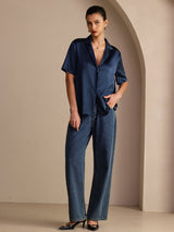 [Dark Blue] SilkSilky  Short Sleeve Lapel Collar Women's Shirts 007