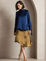 [Dark Blue] SilkSilky  Long Sleeve Tie Neck Women's Blouse 003