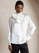 [White] SilkSilky  Long Sleeve Tie Neck Women's Blouse 003