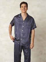 [Navy Ginkgo] SilkSilky  Short Sleeve Lapel Collar Men's Pajamas 004