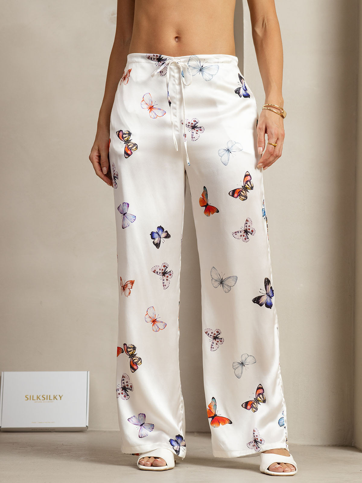 [White Butterfly] White 19 Momme silk wide-leg pants with colorful butterfly print and drawstring waist 001