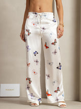 [White Butterfly] White 19 Momme silk wide-leg pants with colorful butterfly print and drawstring waist 001