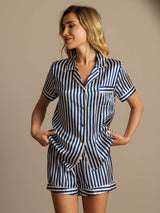 [Dark Blue] Women’s blue striped mulberry silk pajama set with short-sleeve notch collar shirt and shorts