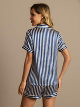 [Dark Blue] Women’s blue striped silk pajama set with short-sleeve button shirt and shorts
