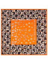[P035] Orange 100% mulberry silk square scarf with floral print and black check pattern 002