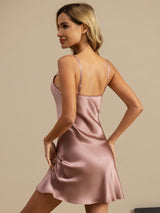 [Pale Mauve] Back view of blush pink 100% mulberry silk spaghetti strap short nightgown 002