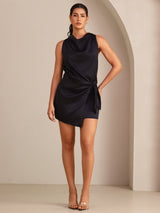 [Black] Black silk cowl neck sleeveless short dress with waist tie 001
