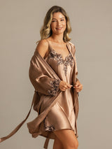 [Brown] Mulberry silk spaghetti strap lace nightgown with matching belted robe in bronze 007