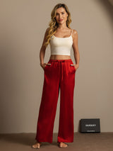 [Wine] Red mulberry silk wide-leg pants with elastic drawstring waist and side pockets 004