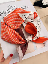 [P034] Orange and cream printed mulberry silk square scarf with abstract pattern 001