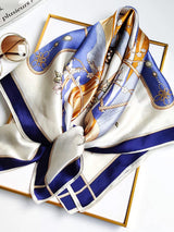 [P012] Printed 100% mulberry silk square scarf with blue, gold and white nautical floral pattern 002