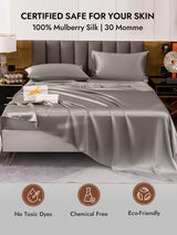 [Gray] Gray 100% Mulberry silk pillowcases on a luxury bed, certified safe for skin 007