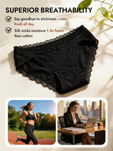 [Black] Black mulberry silk lace trim bikini panties with bow, superior breathability 004