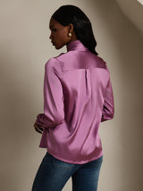 [Deep Purple] Back view of a mauve silk high-neck blouse with long sleeves and a tailored fit 002