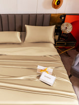 [Beige] Champagne silk bedding set with fitted sheet, flat sheet and pillowcases on bed 003