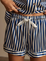 [Dark Blue] Blue and white striped silk pajama shorts with elastic drawstring waist and button-down top