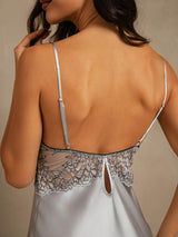 [Grayish Blue] SilkSilky  Spaghetti Strap Deep V Neck Nightgown 004