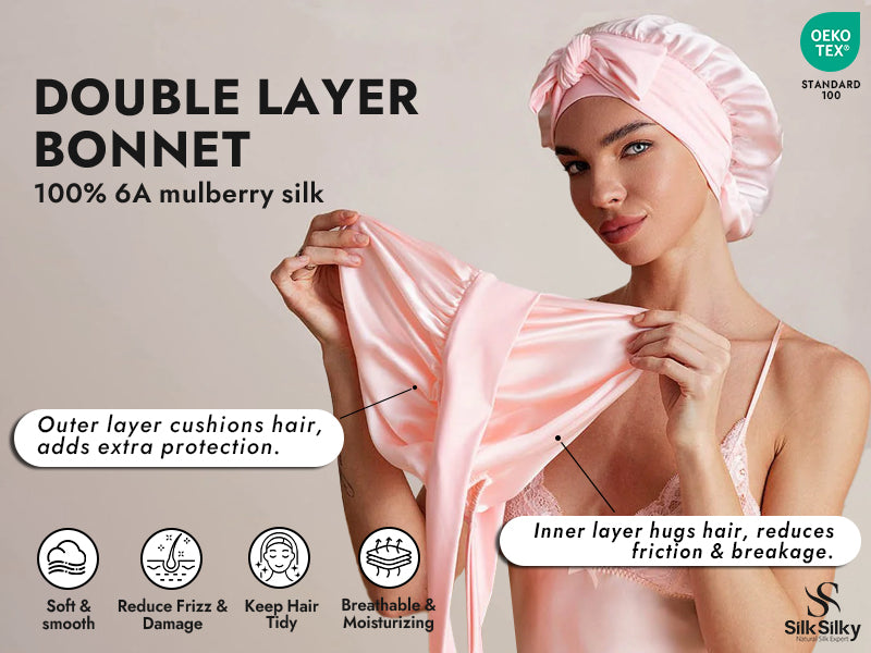 100% Mulberry Silk Double-Layer Bonnet with Adjustable Long Tie - Detail 1