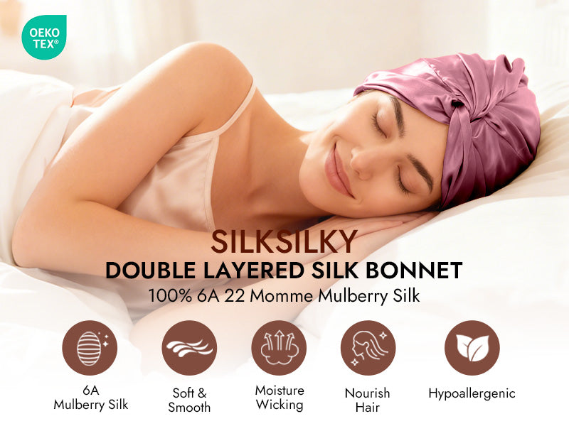 22Momme 100% Mulberry Silk Knot-Front Hair Bonnet with Adjustable Button Design - Detail 1