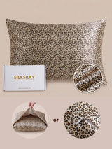 Leopard print mulberry silk pillowcase with SilkSilky packaging and zipper closure