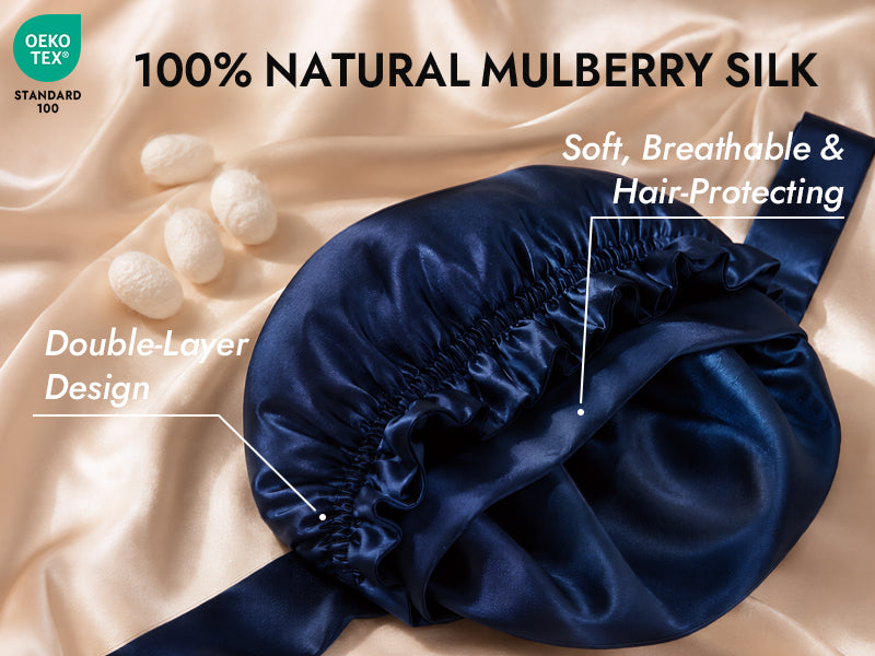 100% Mulberry Silk Sleep Cap Double Layer Bonnet with Ribbon - Detail 1