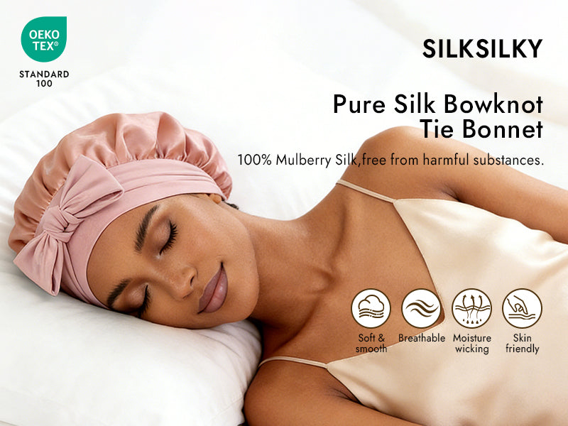 100% Mulberry Silk Bonnet Bowknot Tie Sleep Cap for Hair Protection - Detail 1