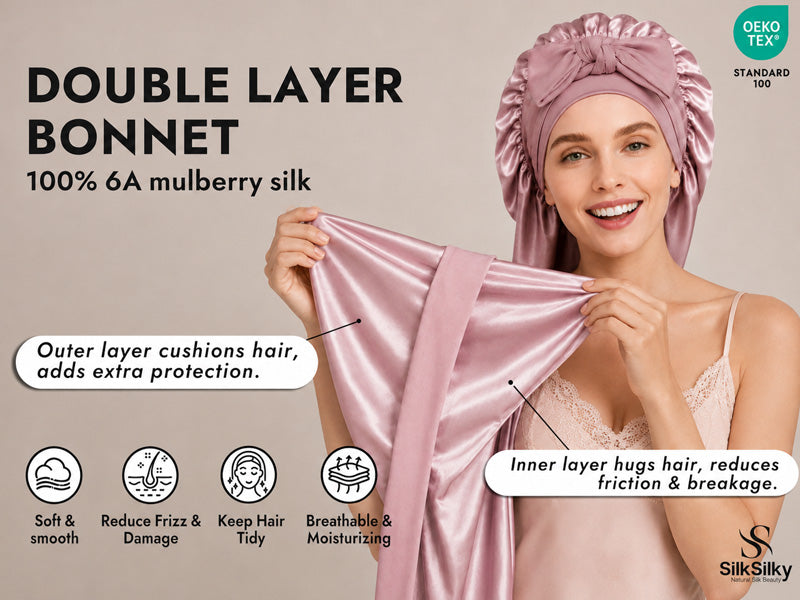100% Mulberry Silk Double-Layer Long Bonnet with Adjustable Long Tie - Detail 1