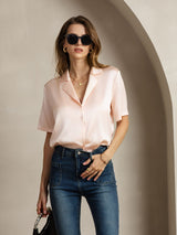 [Pink] SilkSilky  Short Sleeve Lapel Collar Women's Shirts 006