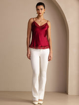 [Wine] Wine red lace-trim camisole in a full front view, with both arms down and feet together. 005