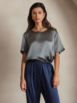 [Dark Gray] Women’s gray silk short sleeve round neck T-shirt styled with navy pants 001